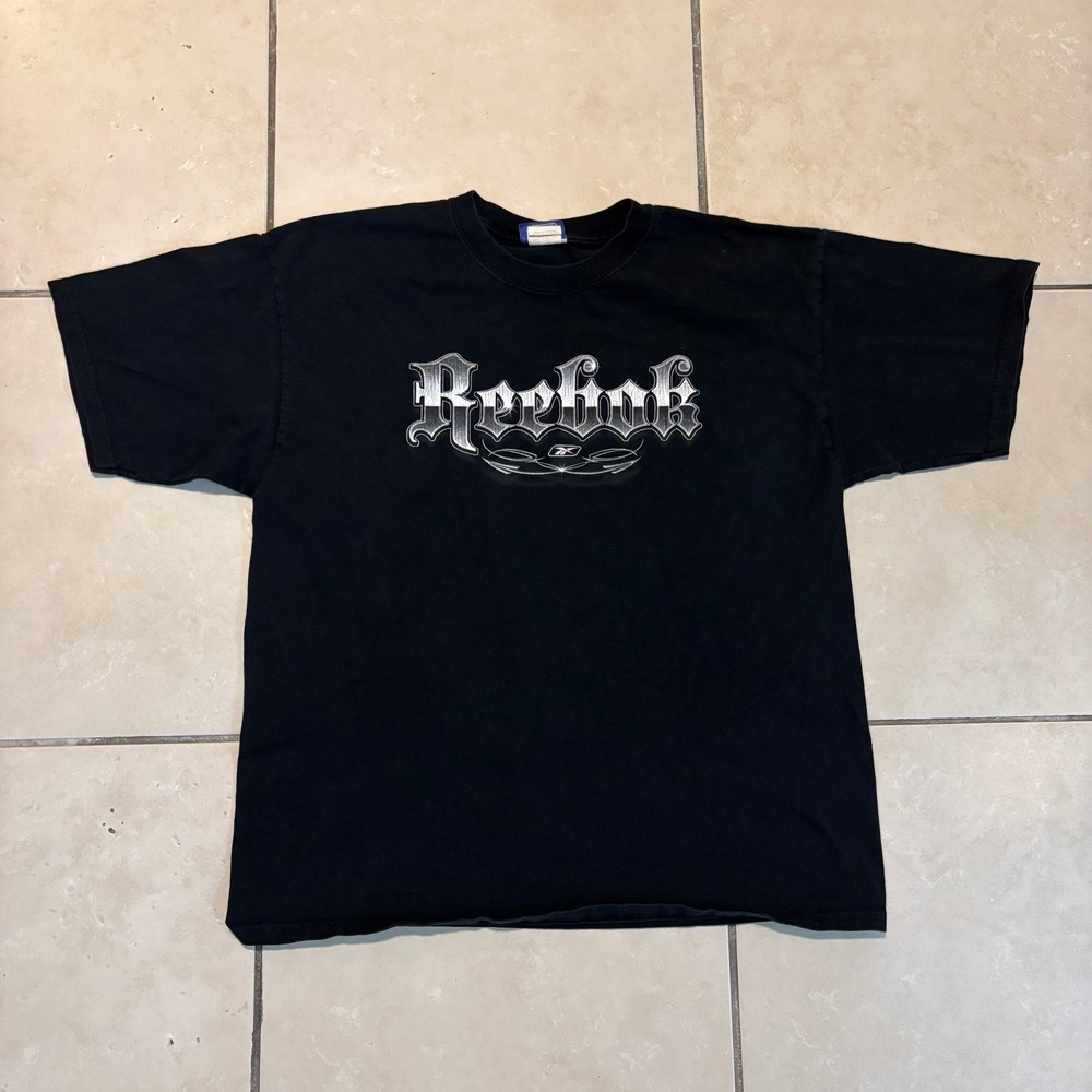 Vintage Reebok T Shirt Mens Large Black Chrome Old English Graphic Logo Y2K Tee